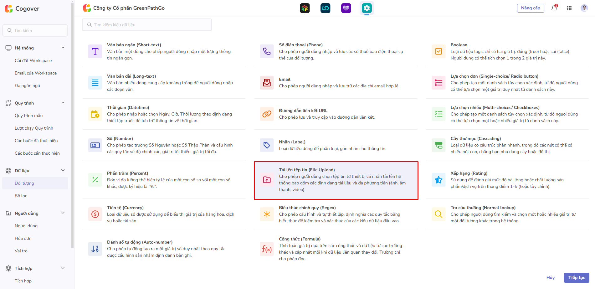 chọn trường tải lên tệp tin