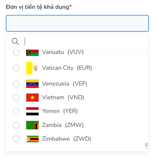 đơn vị tiền tệ khả dụng