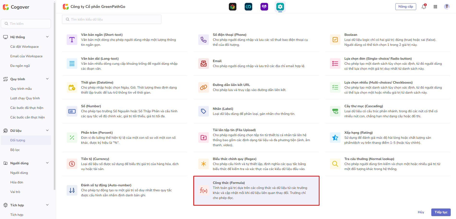 chọn trường fomula