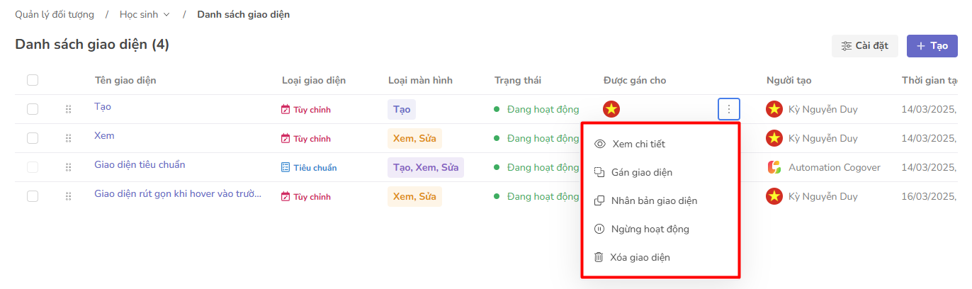 hành động trên một giao diện
