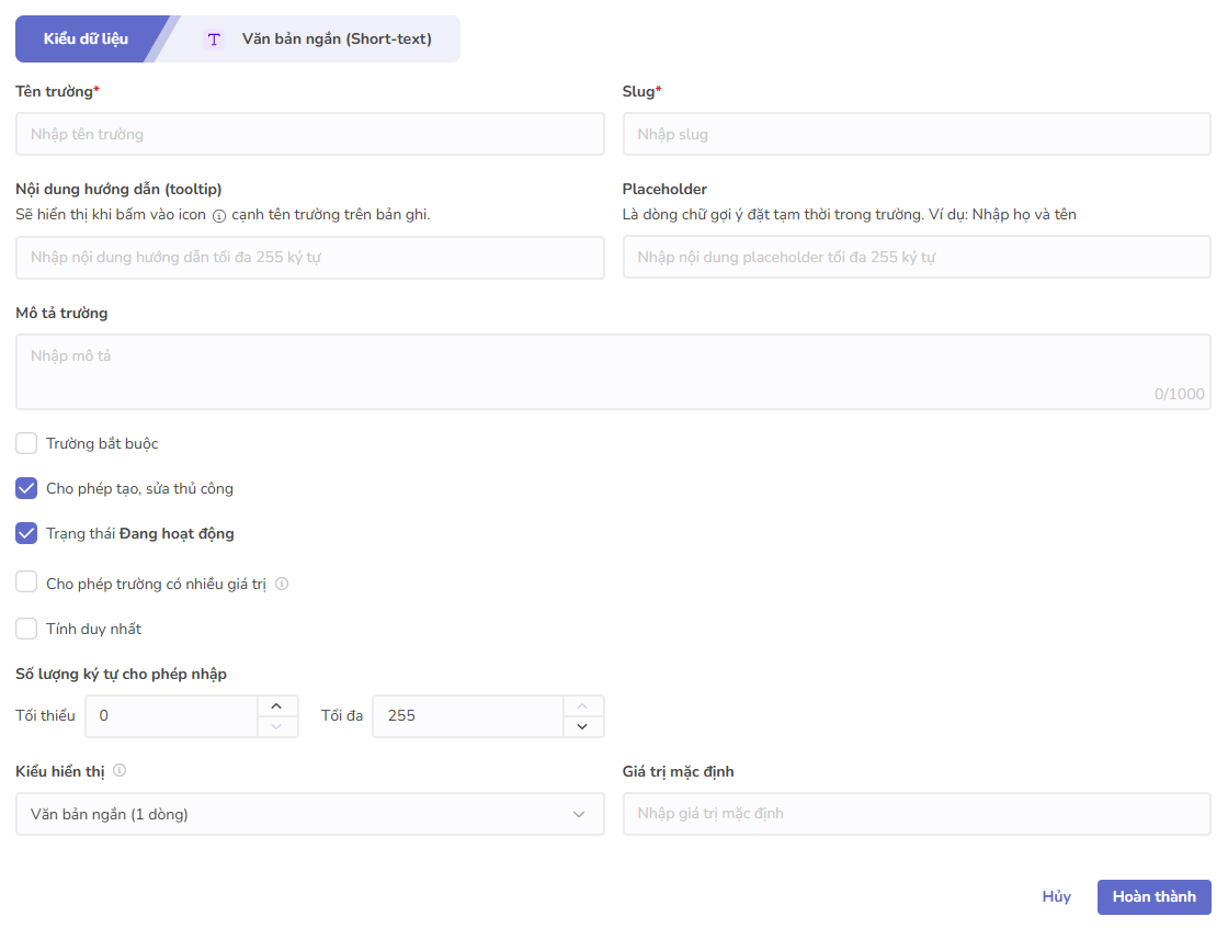 toàn màn hình văn bản ngắn