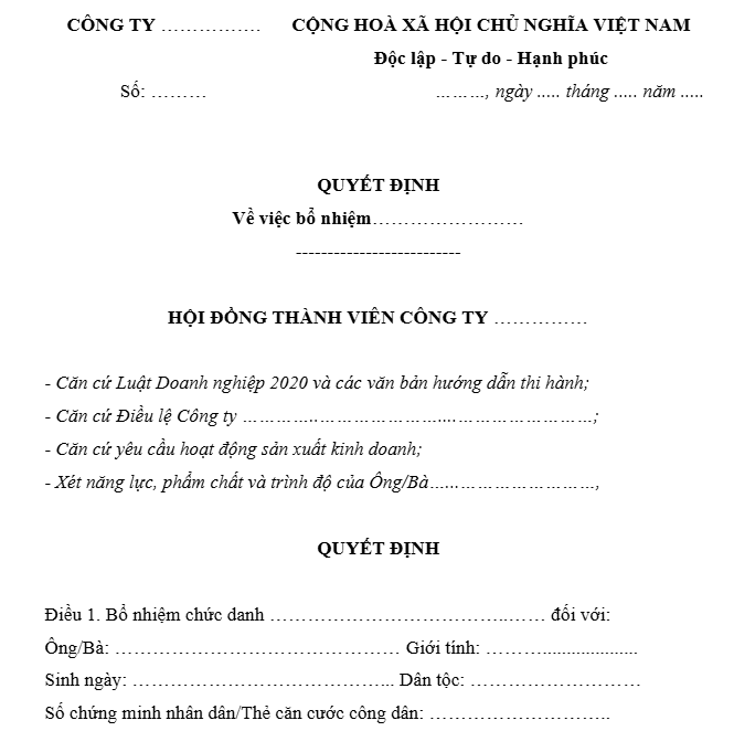 10 mẫu quyết định bổ nhiệm 2025 cho mọi chức vụ