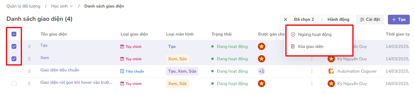 hành động trên nhiều giao diện