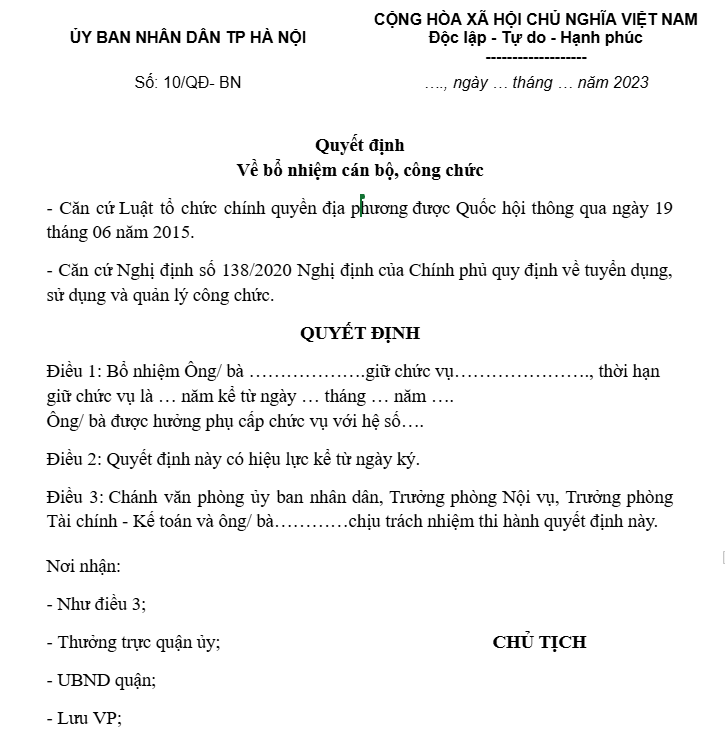 10 mẫu quyết định bổ nhiệm 2025 cho mọi chức vụ