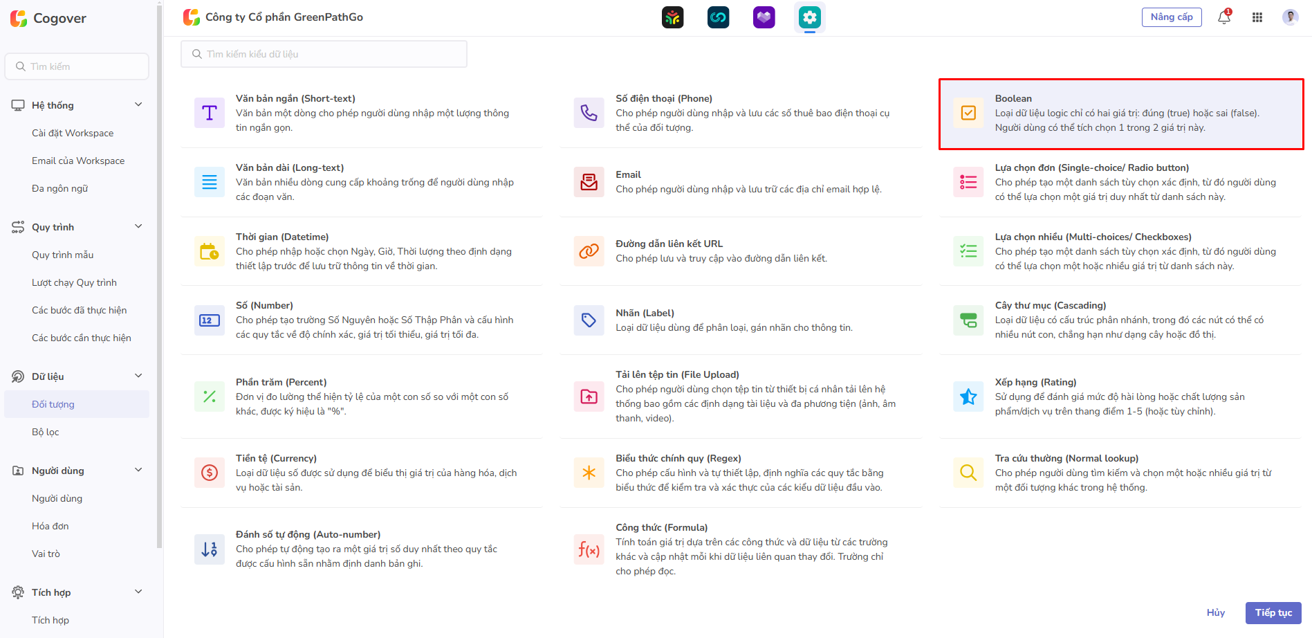 chọn trường boolean