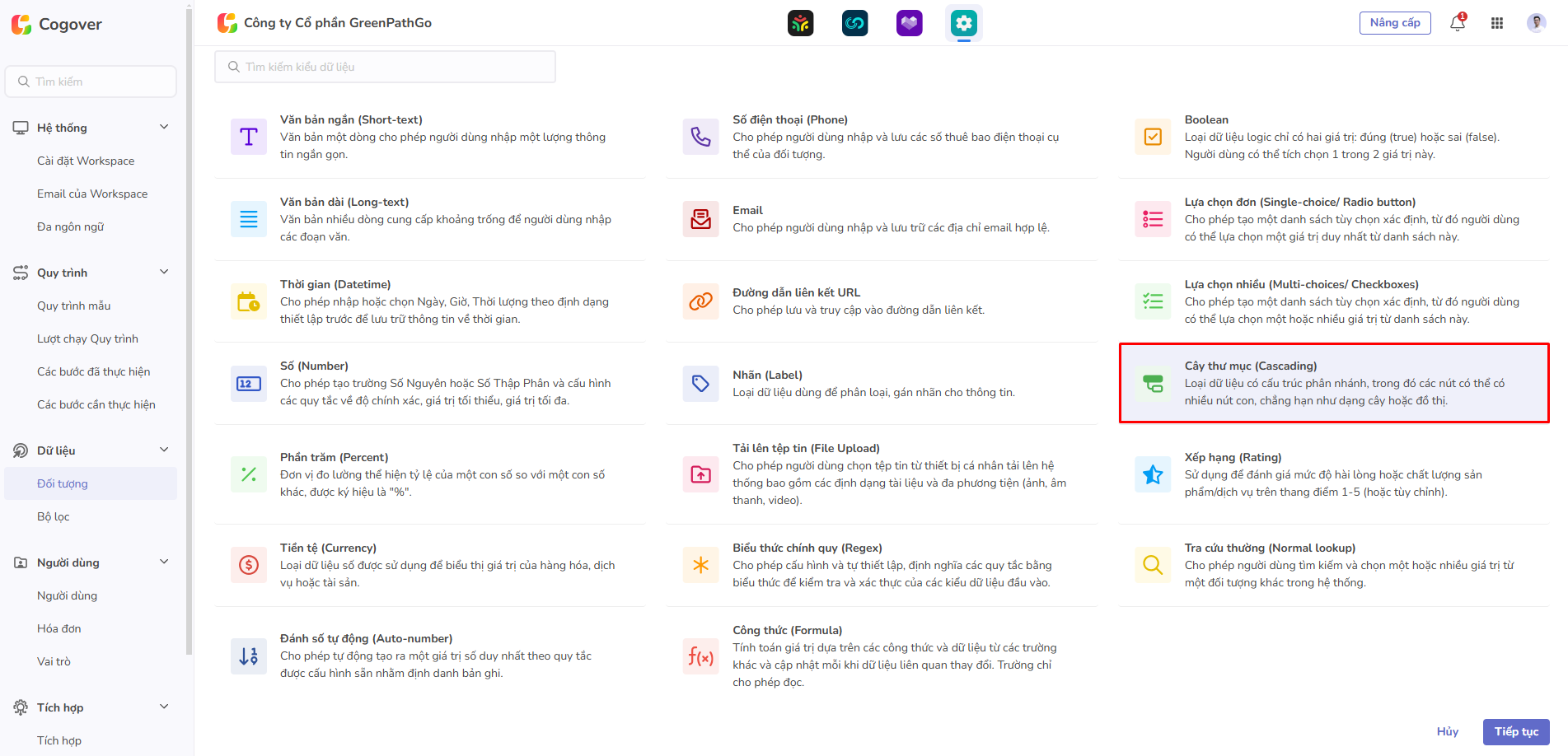 chọn trường cây thư mục