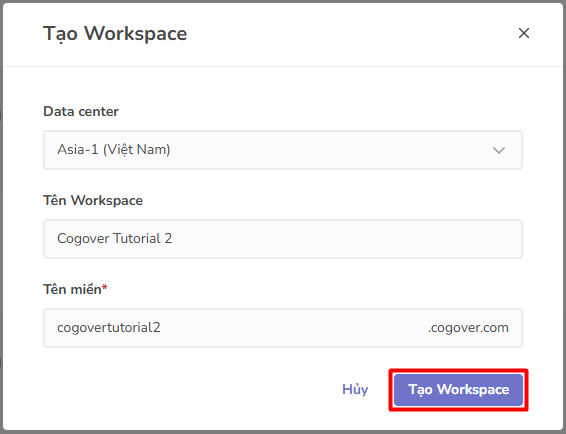 nhấn tạo workspace