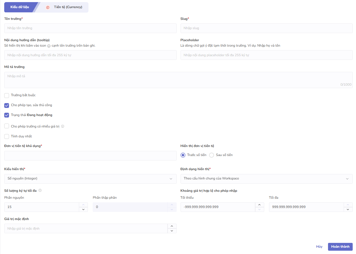 toàn màn hình tiền tệ