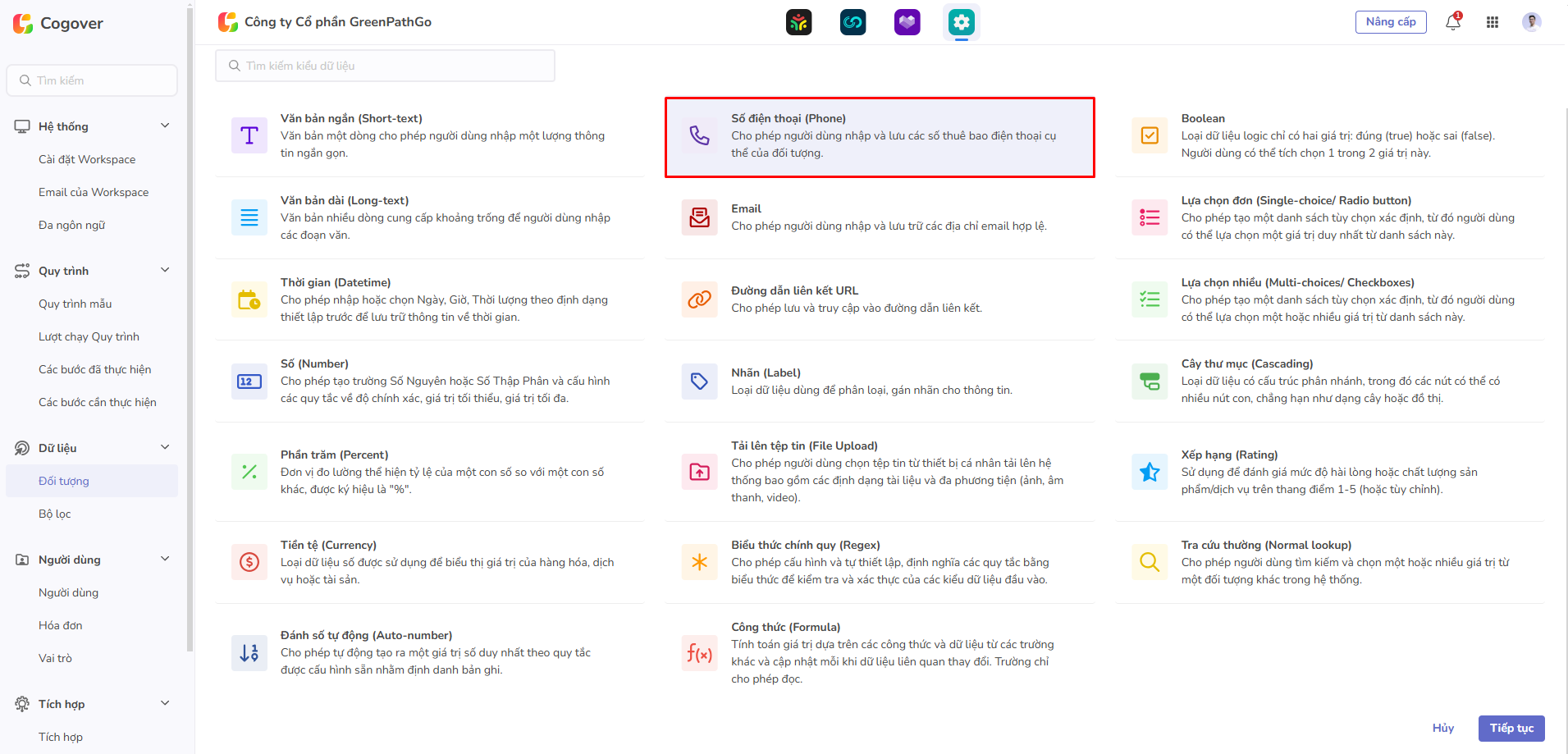 chọn trường số điện thoại