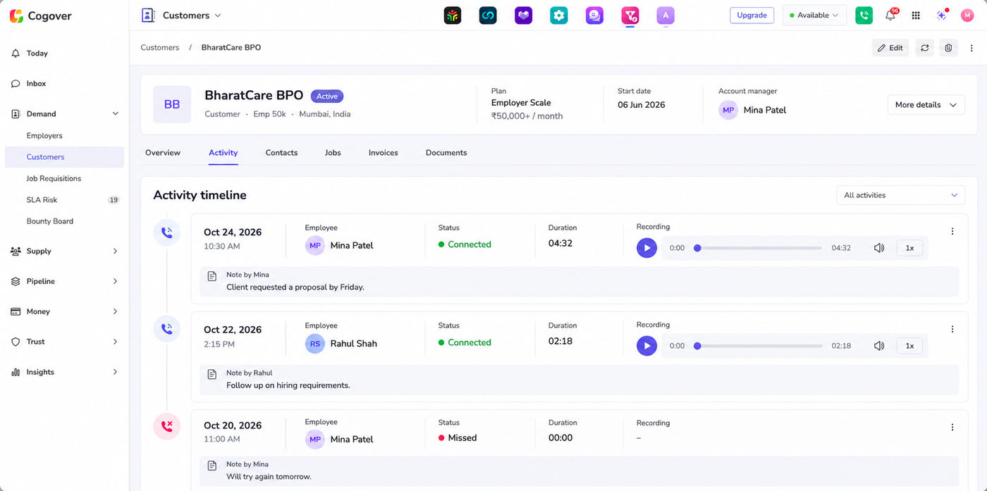 Cogover activity timeline listing calls with the employee, connected or missed status, duration, a recording player and the note each agent wrote
