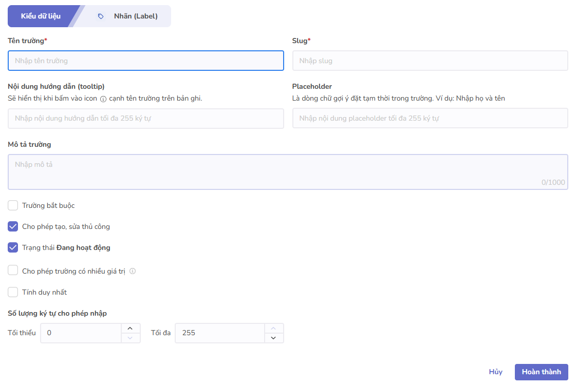 toàn màn hình trường nhãn