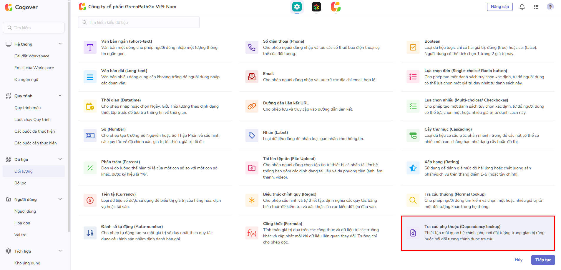 chọn trường tra cứu phụ thuộc