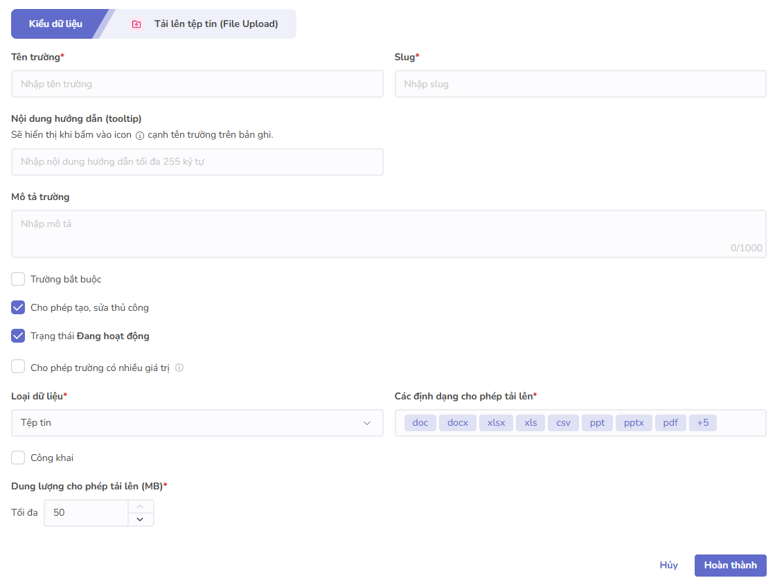 toàn màn hình tải lên tệp tin