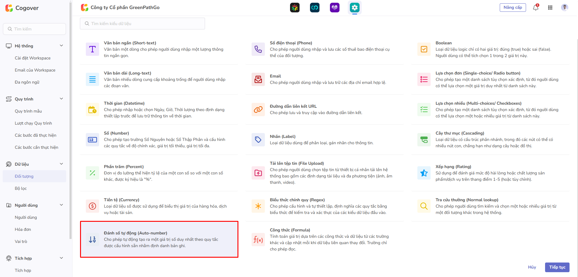 chọn trường auto number