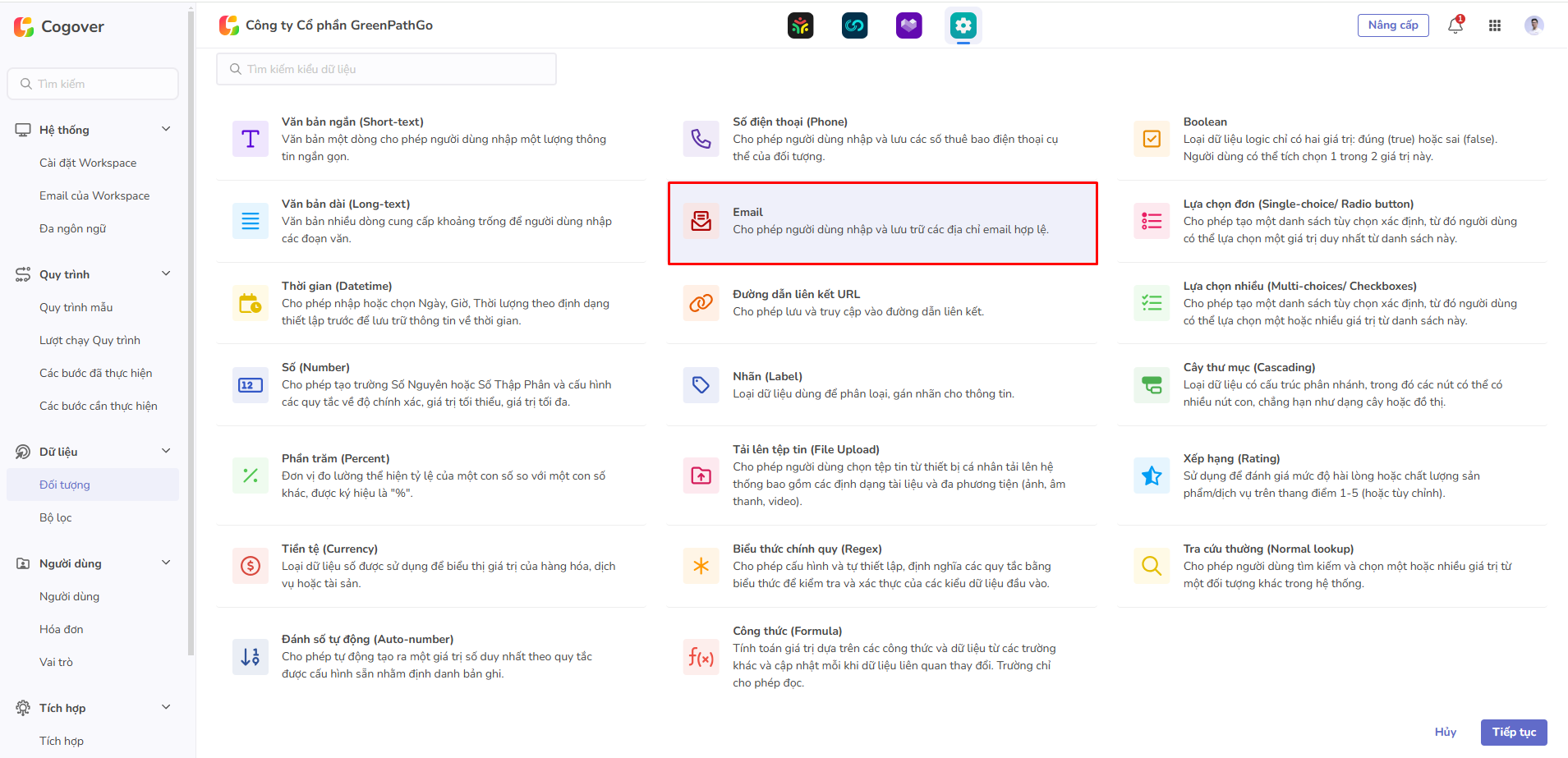 chọn trường email