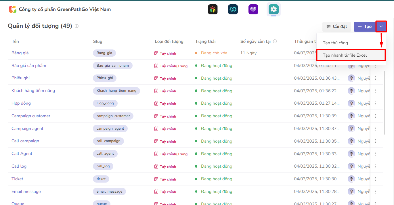 Tạo đối tượng từ file excel