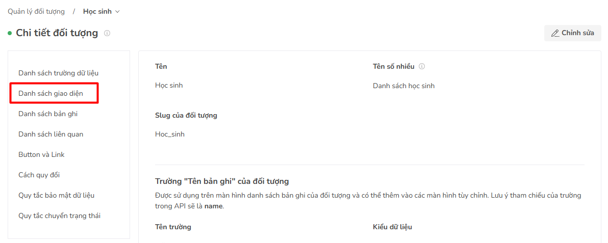 nhấn vào danh sách giao diện