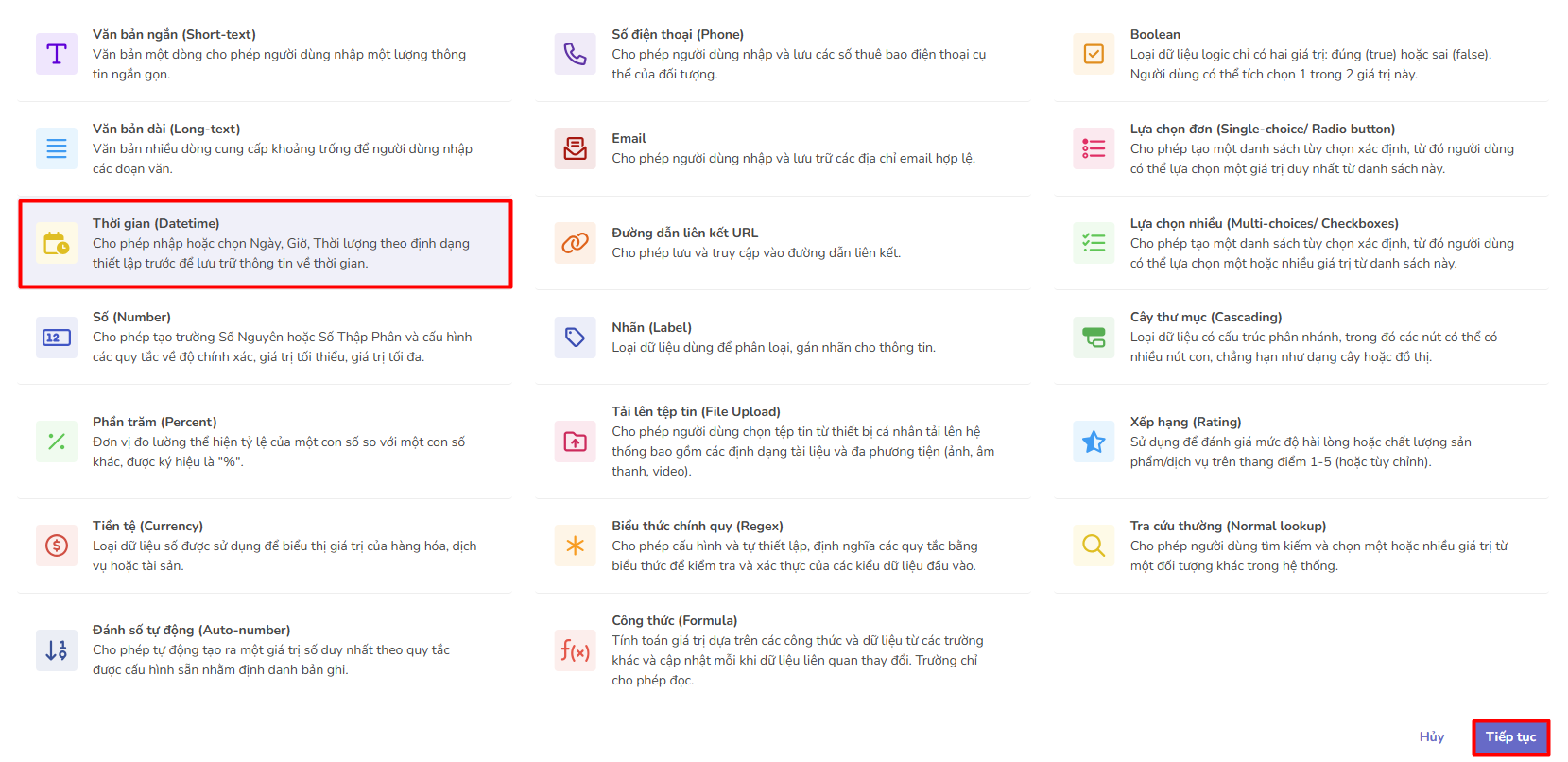 chọn trường thời gian