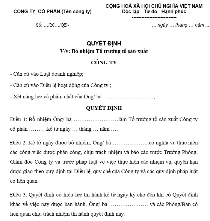 10 mẫu quyết định bổ nhiệm 2025 cho mọi chức vụ