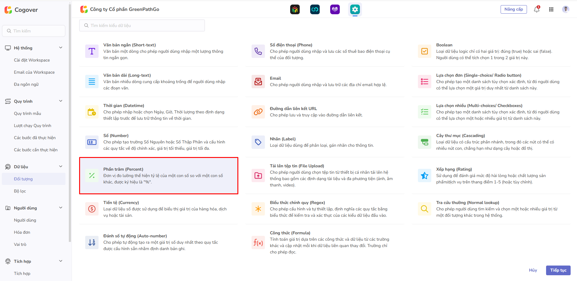 chọn trường phần trăm