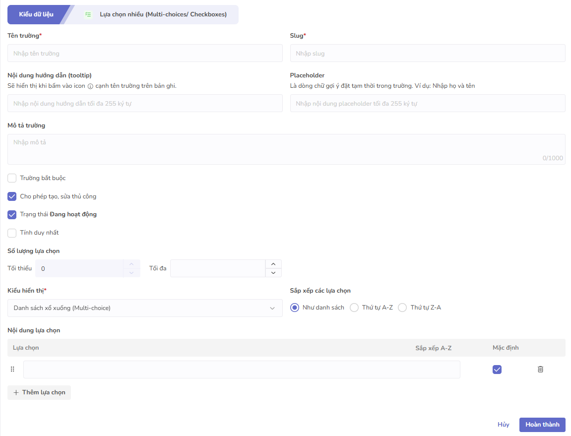toàn màn hình lựa chọn nhiều