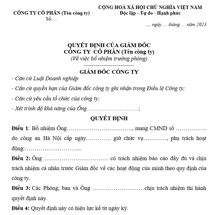 10 mẫu quyết định bổ nhiệm 2025 cho mọi chức vụ
