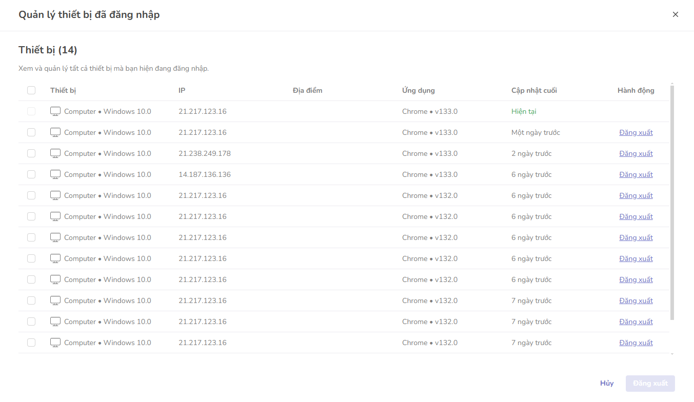 màn hình danh sách thiết bị